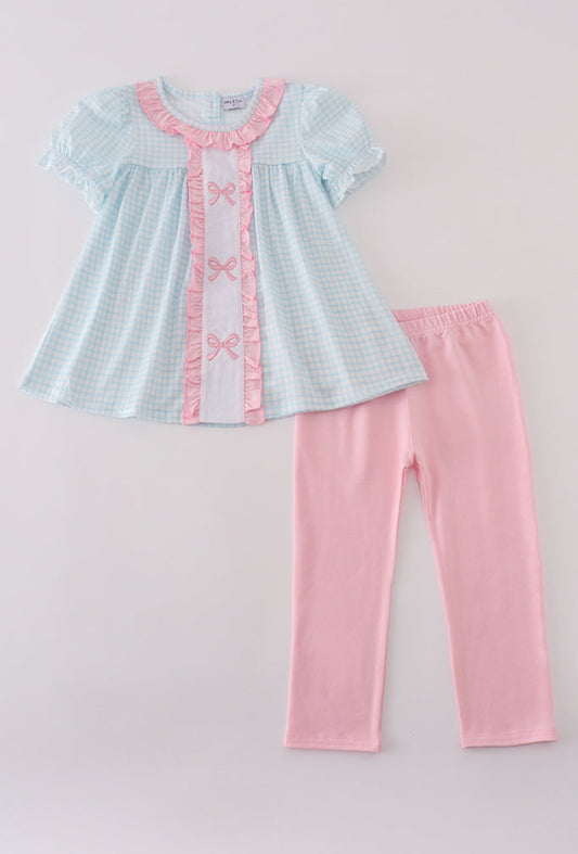 Blue Bow Embroidery Gingham Ruffle Girl’s Pants Set