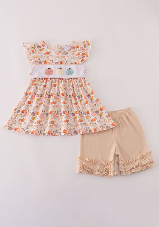 Beige French Knot Ruffle Girl’s Short Set