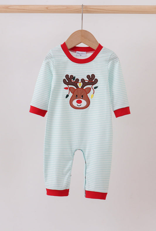 Blue Reindeer Applique Stripe Boy’s Romper