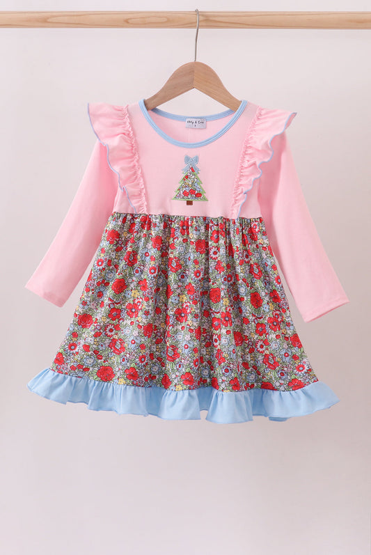 Pink Christmas Tree Appliqué Ruffle Dress