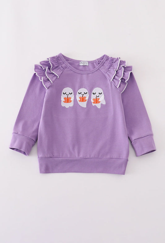 Purple Ghost Pumpkin Embroidery Ruffle Girl’s Top