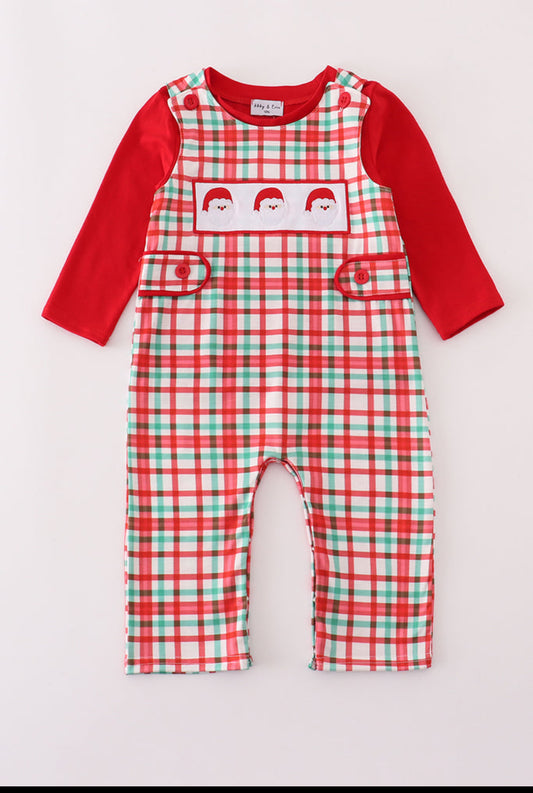 Red Santa Claus Embroidery Plaid Boy’s JonJon Set