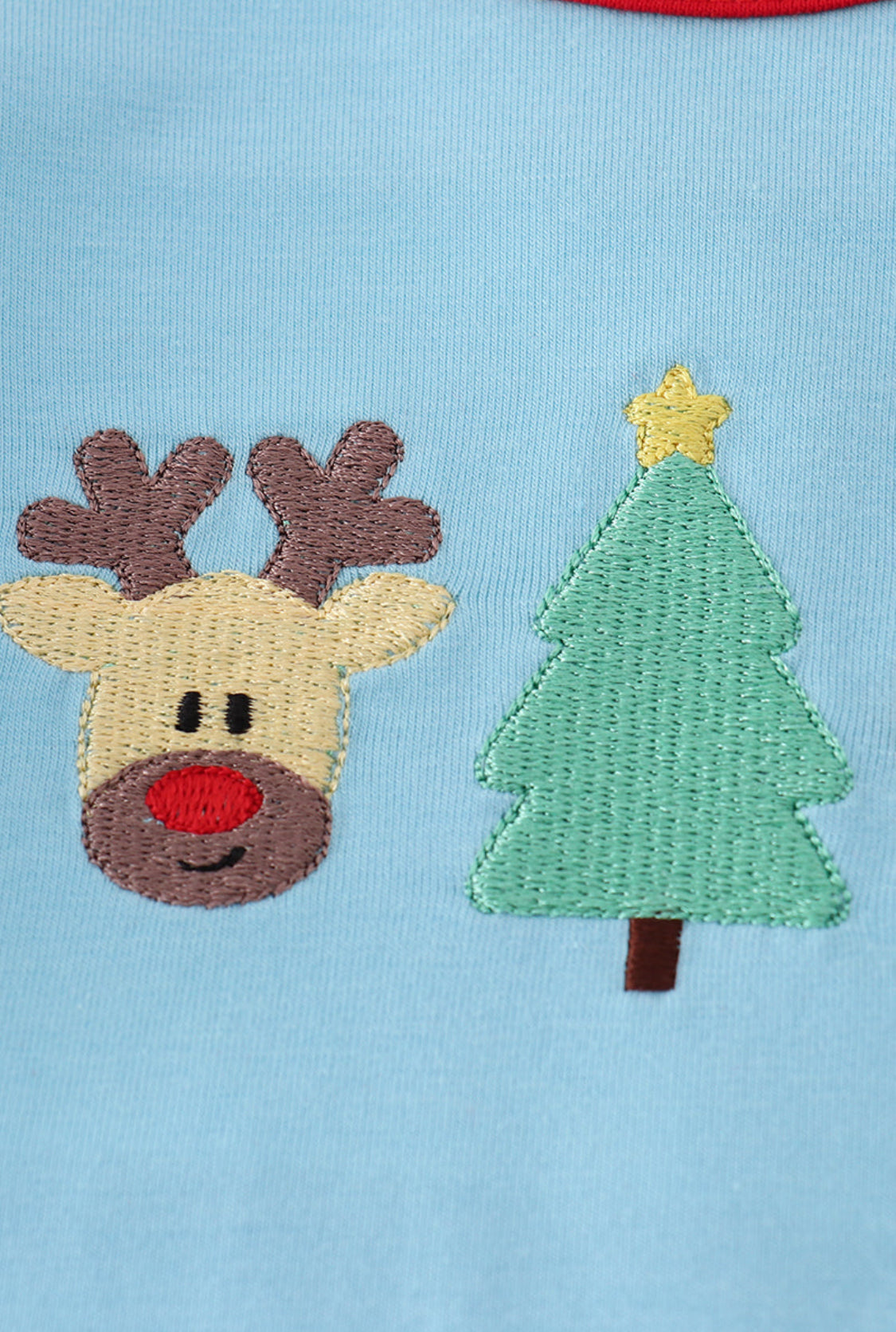 Blue Deer Tree Santa Embroidery Ruffle Girl’s Romper