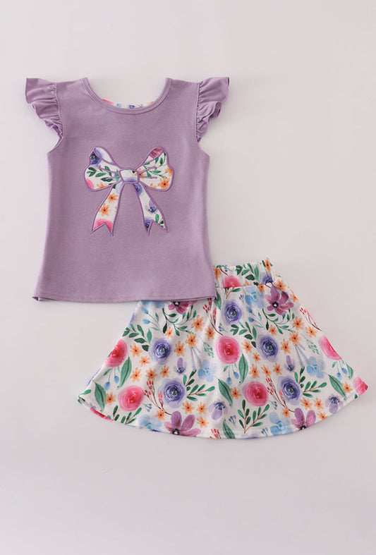 Purple Floral Bow Appliqué Girl’s Active Skort Set
