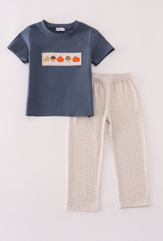 Navy Pumpkin Embroidery Boy’s Pants Set