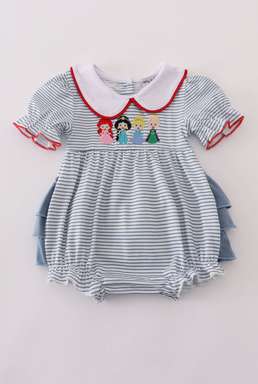 Blue  Princess Embroidery Stripe Ruffle Girl’s Bubble