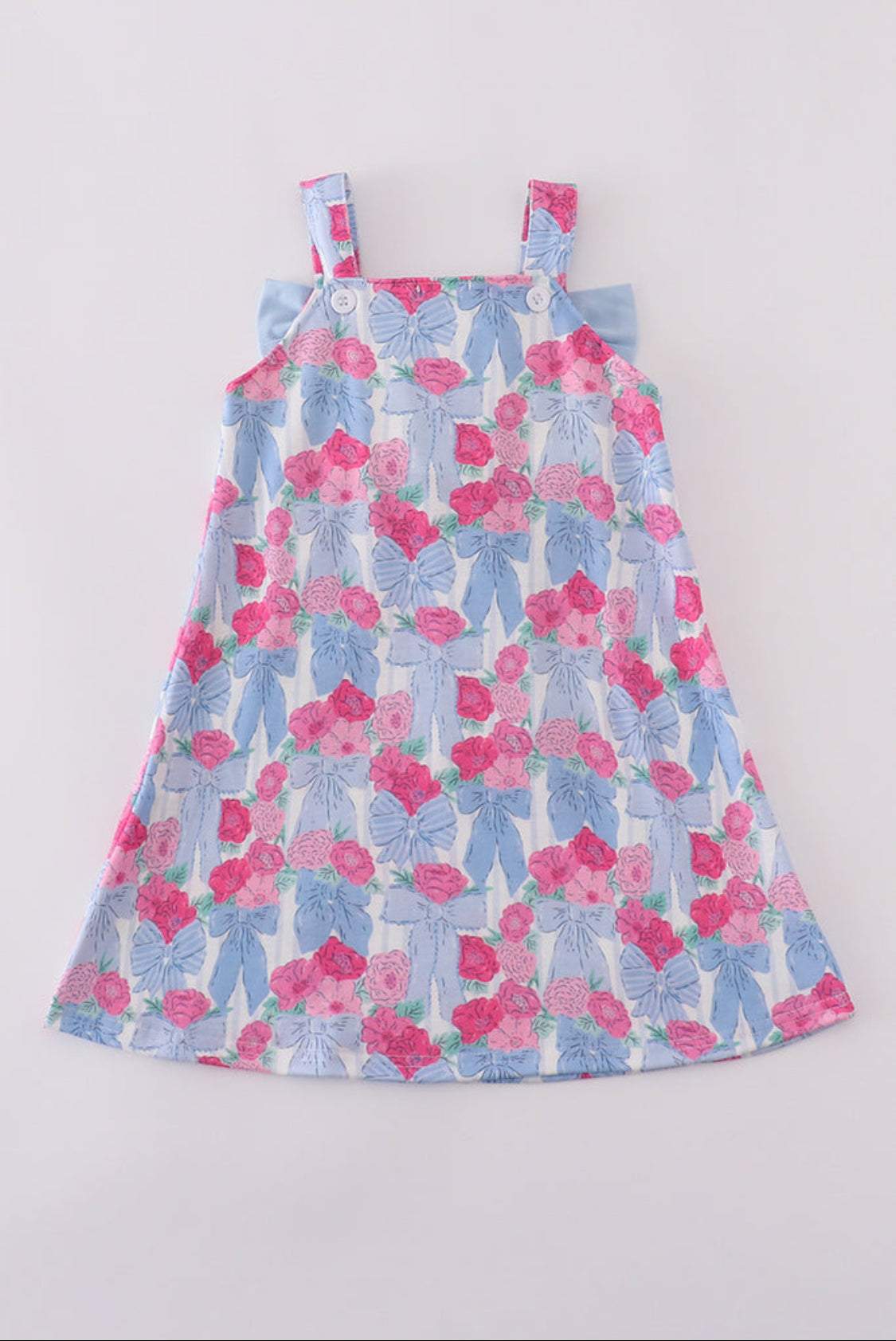 Blue Floral Bow Print Girl’s Dress