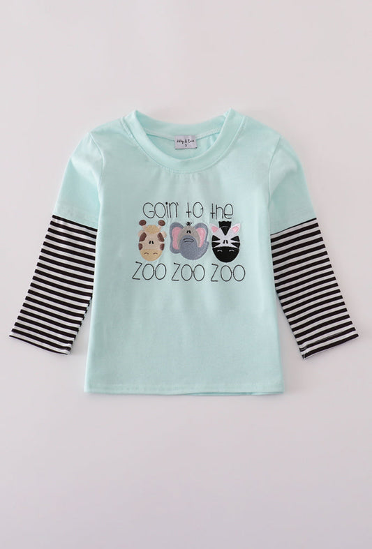 Blue GOING TO THE ZOO Embroidery Top