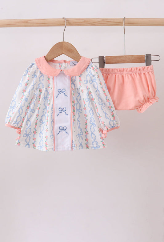Pink Floral Bow Embroidery Girl’s Bloomer Set