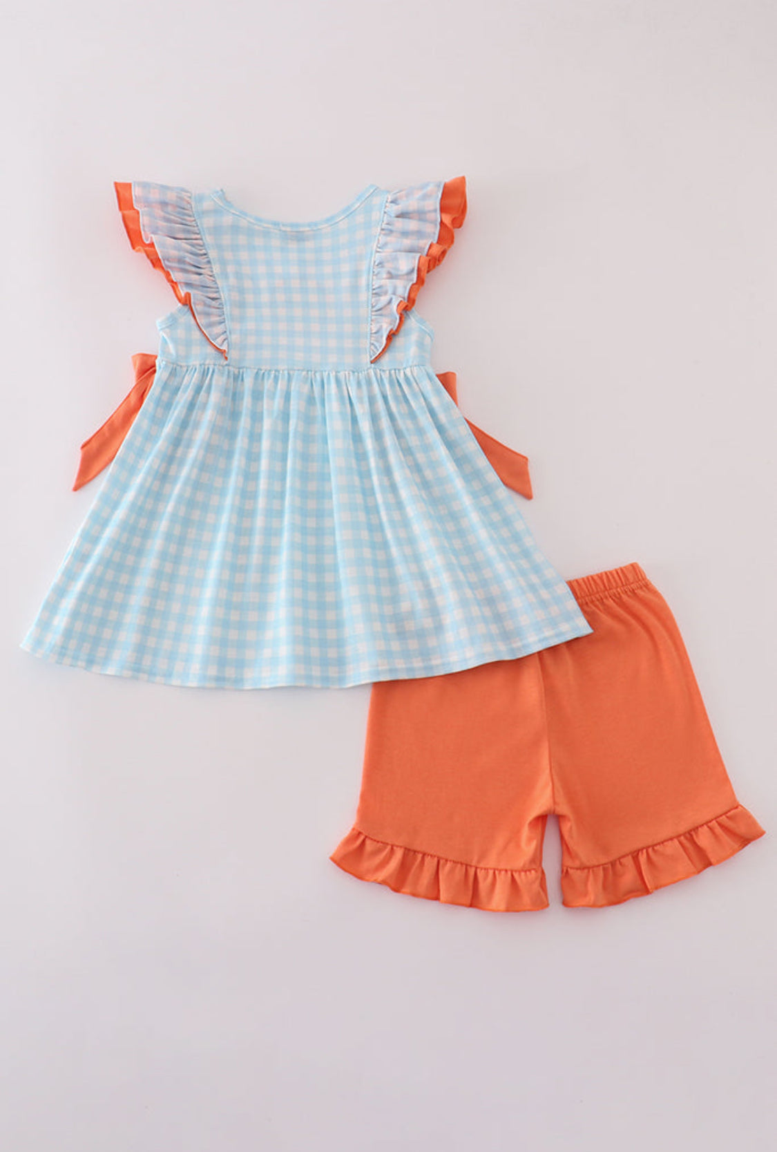 Blue Dinosaur Embroidery Gingham Ruffle Girl’s Short Set