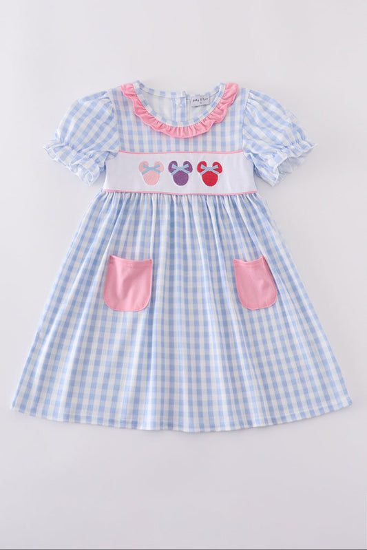 BLUE CHARACTER EMBROIDERY GINGHAM RUFFLE DRESS