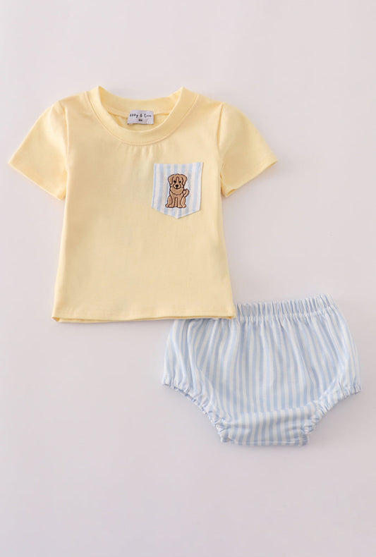 Blue Stripe Puppy Embroidery Boy’s Bloomer Set
