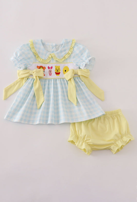 Blue Character Embroidery Gingham Girl’s Bloomer Set.