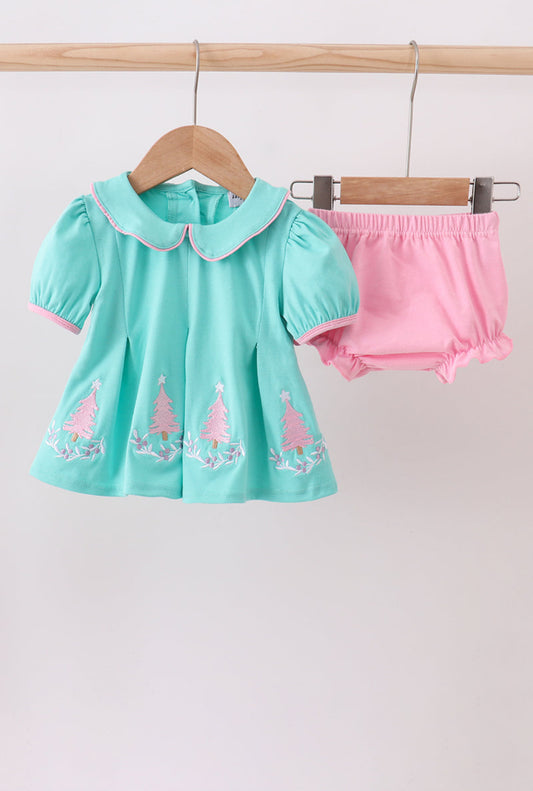 Green Christmas Tree Embroidery Girl’s Bloomer Set