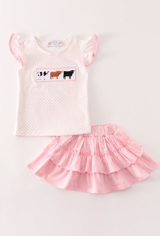 Pink Cow Embroidery Girl Skort Set