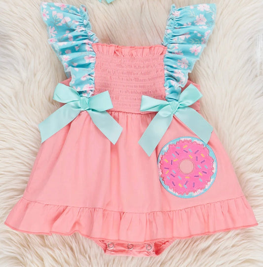 Embroidered Donut Smocked Ruffle Girl Bubble
