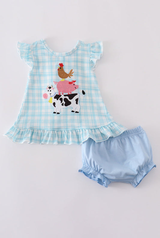 Blue Farm Appliqué Plaid Girl’s Bloomer Set