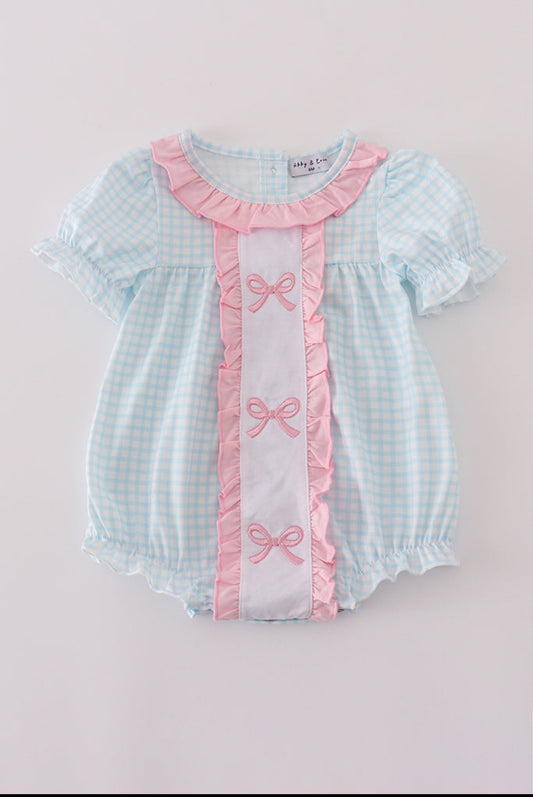 Blue Bow Embroidery Gingham Ruffle Girl’s Bubble