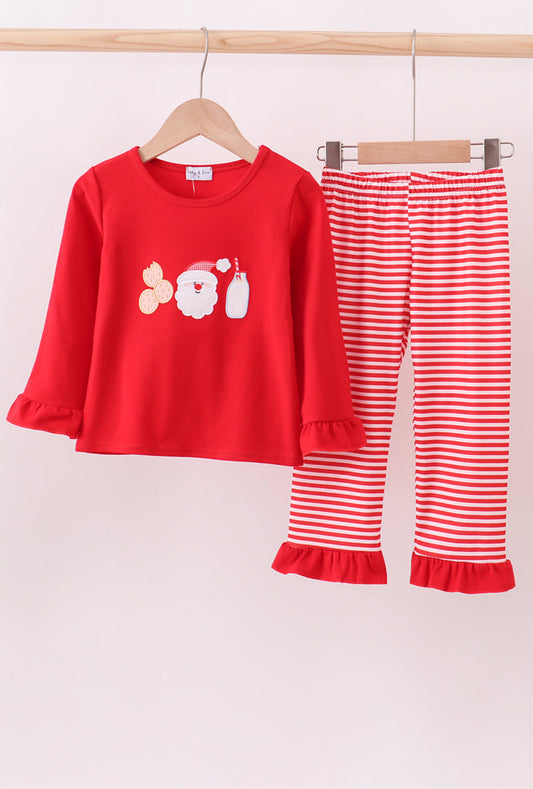 Red Santa Claus Biscuit Milk Appliqué Ruffle Stripe Girl’s Pants Set