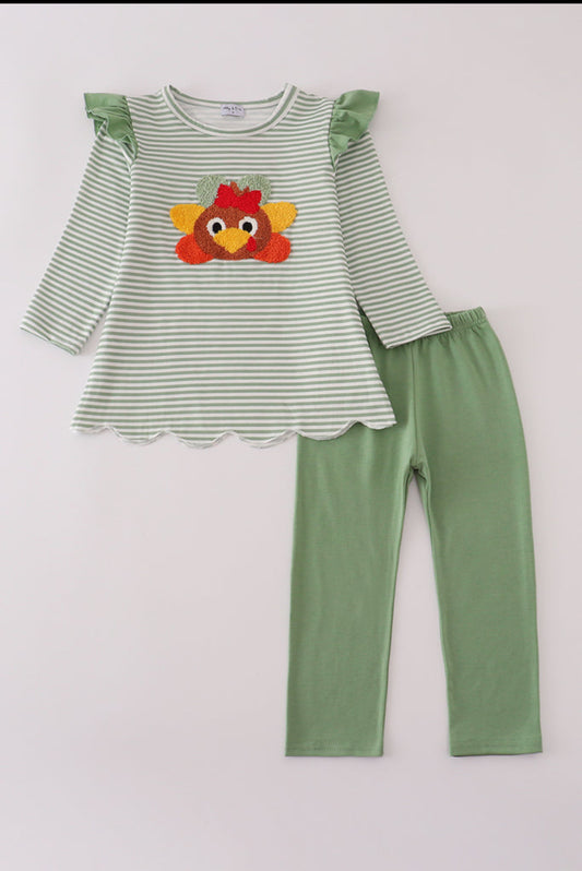 Green Turkey French Knot Stripe Girl’s Pants Set