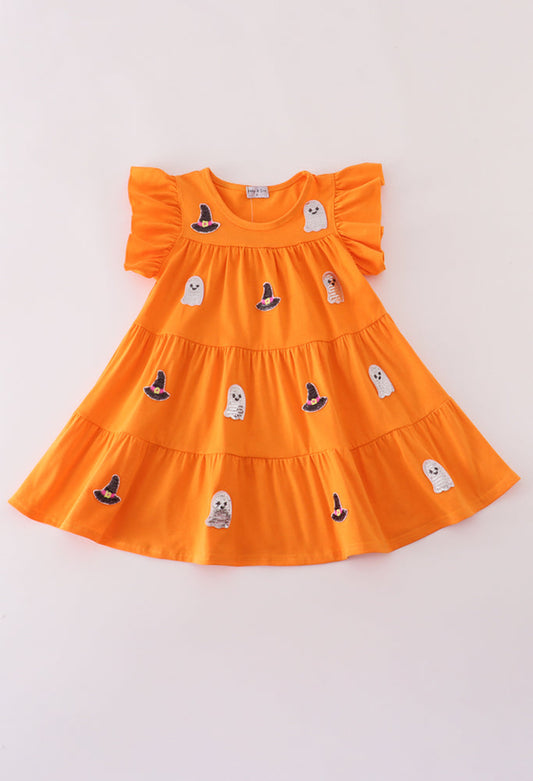 Orange Ghost Witch Sequin Ruffle Dress
