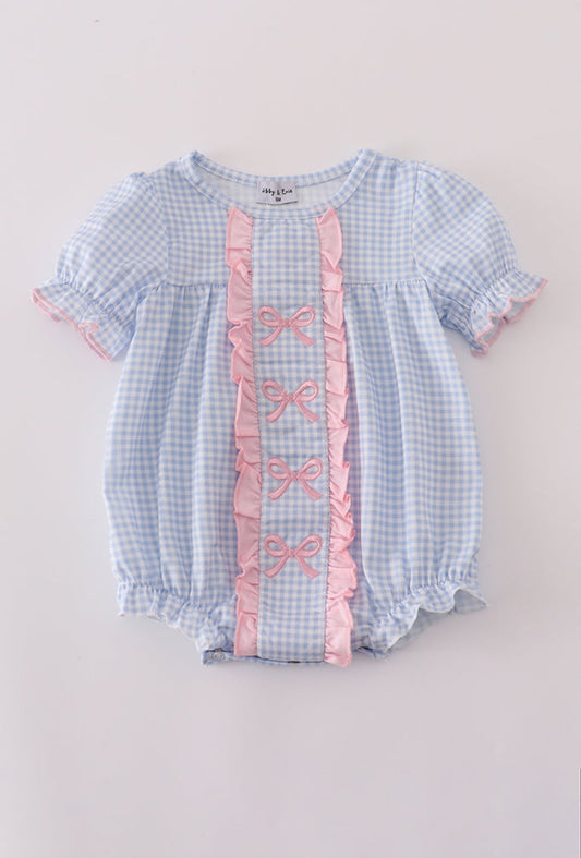Blue Bow Embroidery Gingham Ruffle Girl’s Bubble