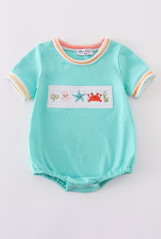 Blue Marine Creature Embroidery Smocked Boy’s Bubble