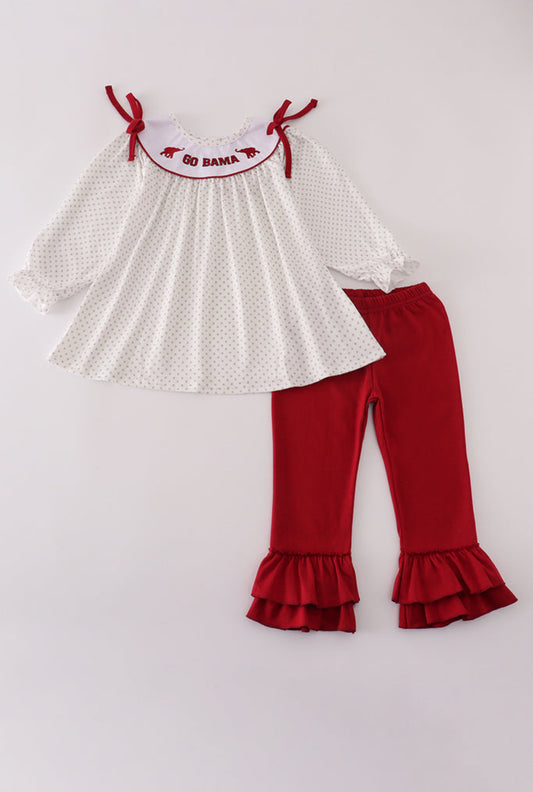 Maroon Alabama Embroidery Dot Ruffle Girl’s Pants Set