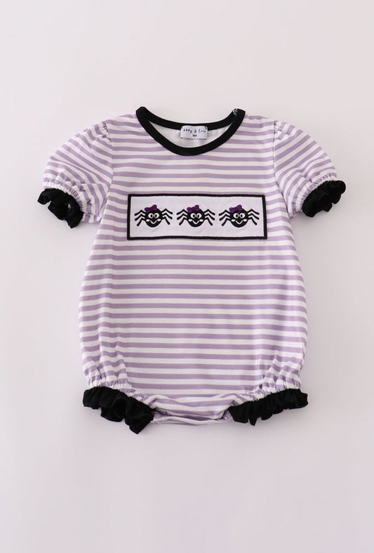 Purple Halloween Spider Embroidery Stripe Ruffle Girl’s Bubble