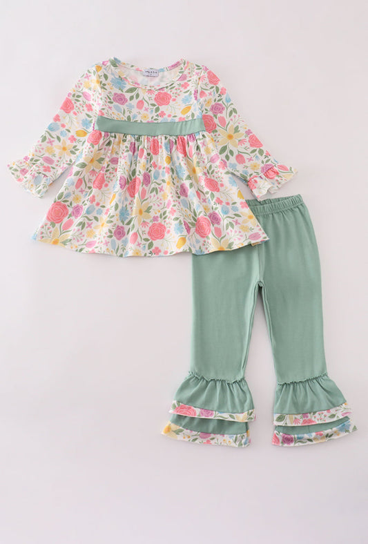 Floral Print Ruffle Girl’s Pants Set
