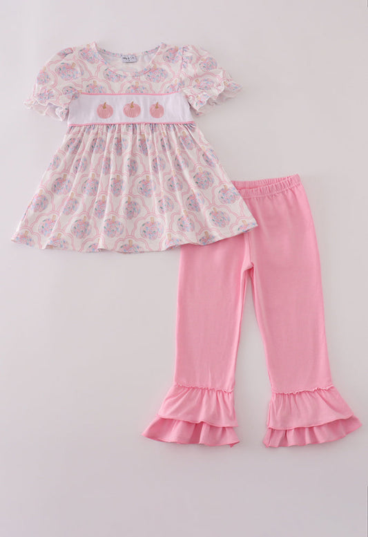 Pink Pumpkin Embroidery Ruffle Girl’s Pants Set