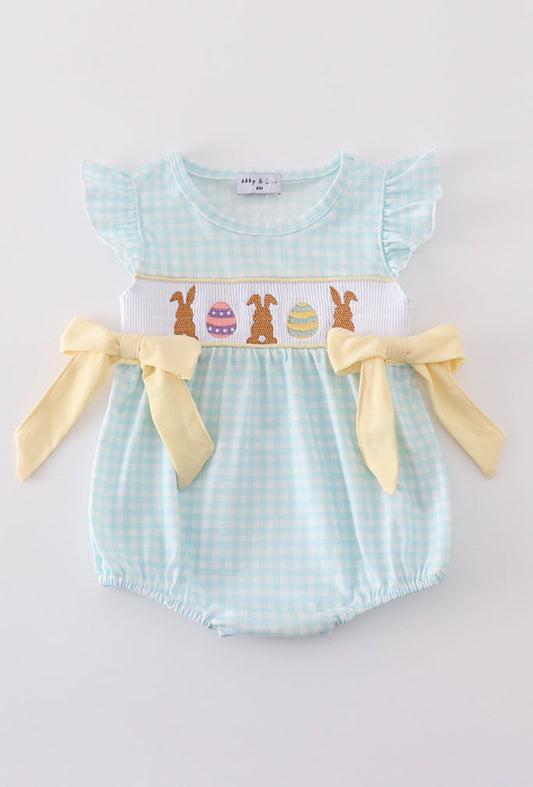 Girl’s Blue Bunny Embroidered Smocked Bubble
