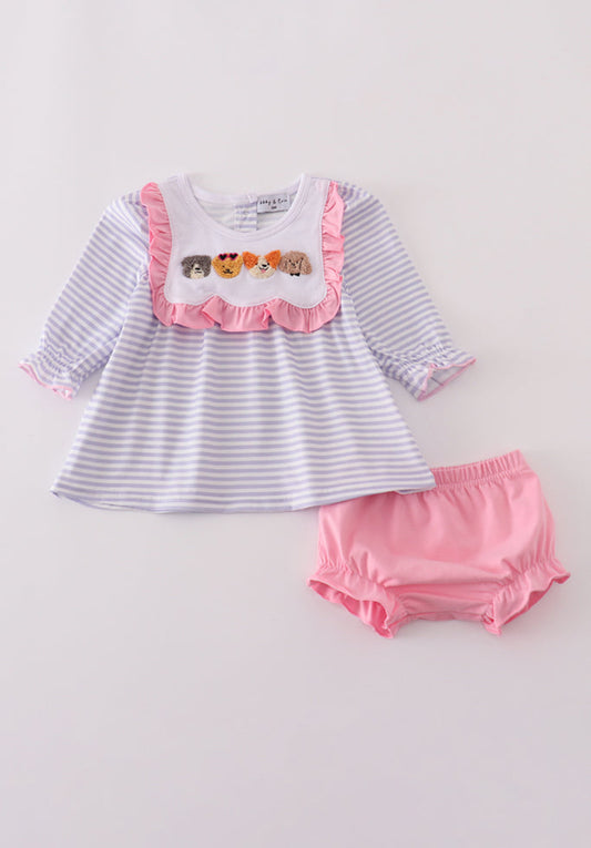 Purple Puppy French Knot Stripe Girl’s Bloomer Set