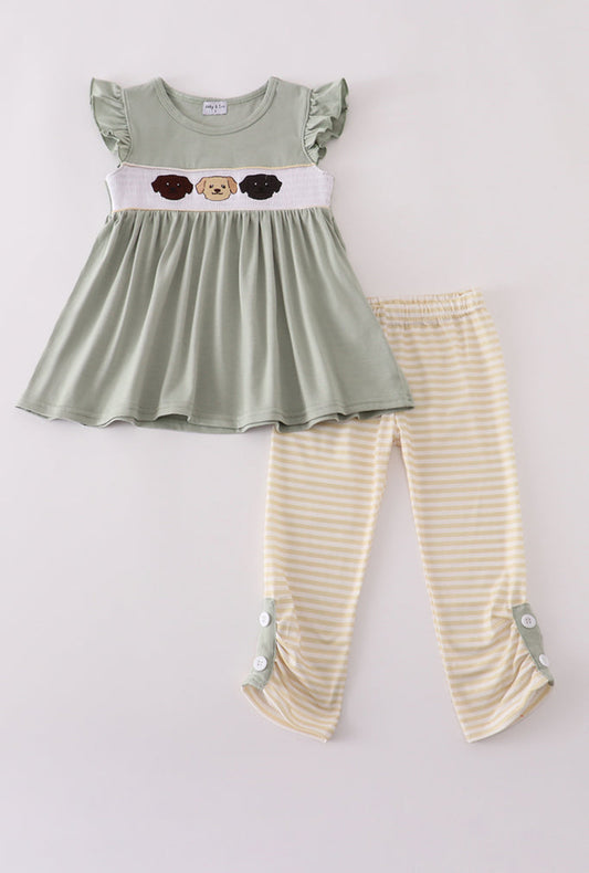 Puppy Embroidery Smocked Ruffle Girl’s Pants Set