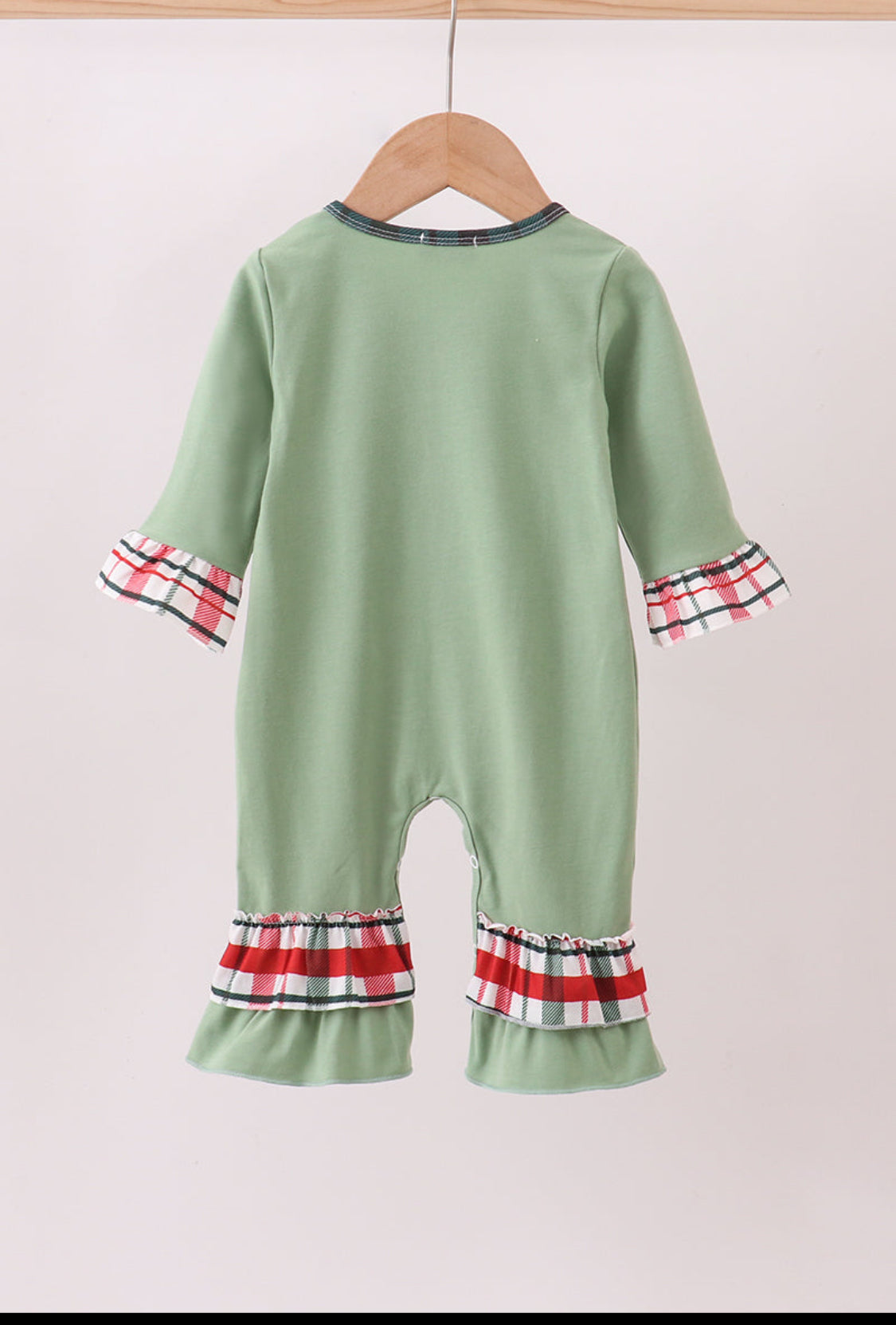 Green Christmas Reindeer Appliqué Ruffle Girl’s Romper