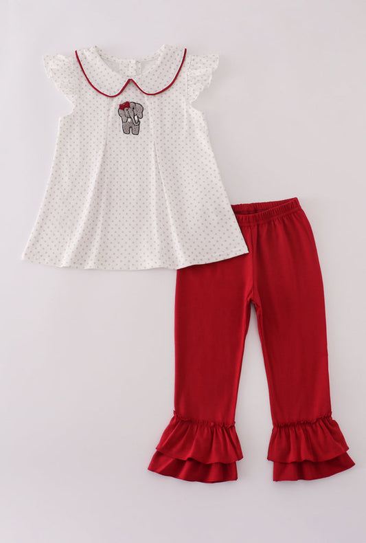 Alabama Polka Dot Elephant French Knot Ruffle Girl’s Pants Set