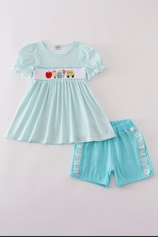 Blue Apple Pencil Bus Embroidery Smocked Girl’s Short Set