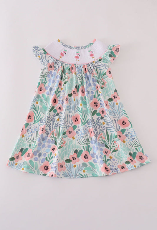 Floral Flamingo Embroidery Smocked Girl’s Dress