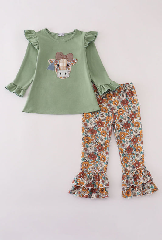 Green Cow Appliqué Floral Print Ruffle Girl’s Pants Set
