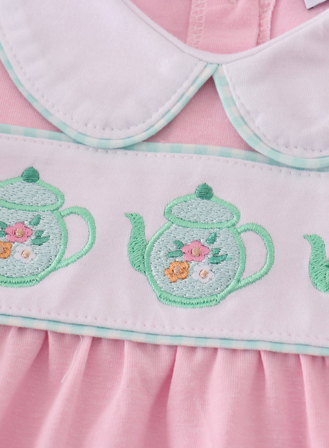 Pink Teapot Embroidery Puff Sleeve Girl’s Bubble