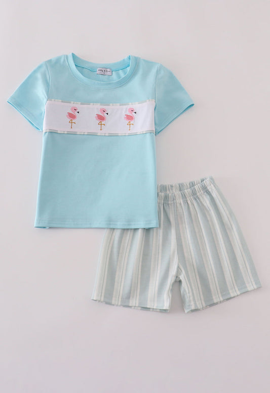 Blue Flamingo Embroidery Boy’s Short Set