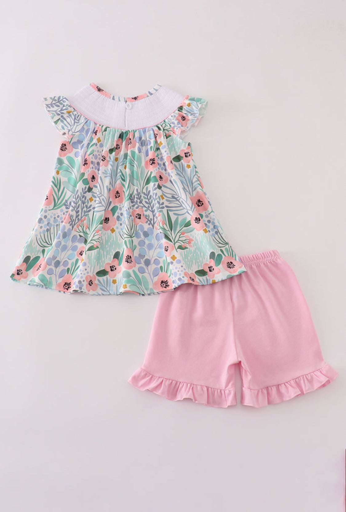 Floral Flamingo Embroidery Smocked Girl’s Short Set