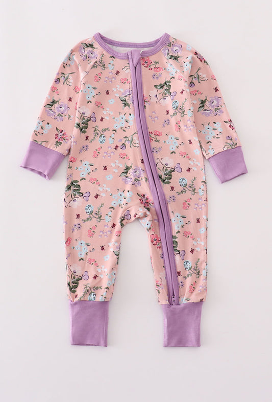 Purple Floral Print Bamboo Girl Pajamas Romper