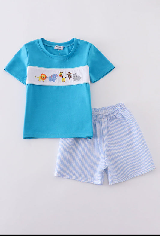 Blue Seersucker Animal Embroidery Boy’s Short Set