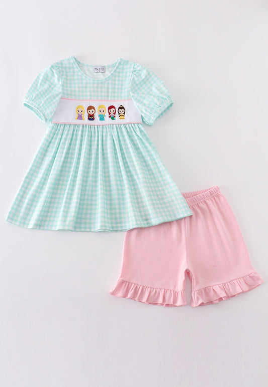 Blue Princess Embroidery Gingham Girl’s Short Set