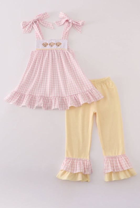Pink Puppy Embroidery Ruffle Girl’s Pants Set