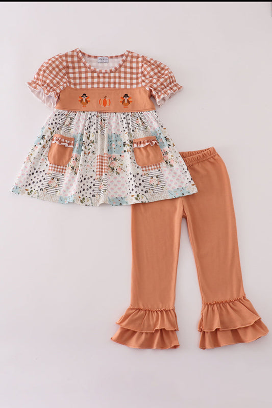 Fall Floral Turkey Pumpkin Embroidery Ruffle Girl’s Pants Set