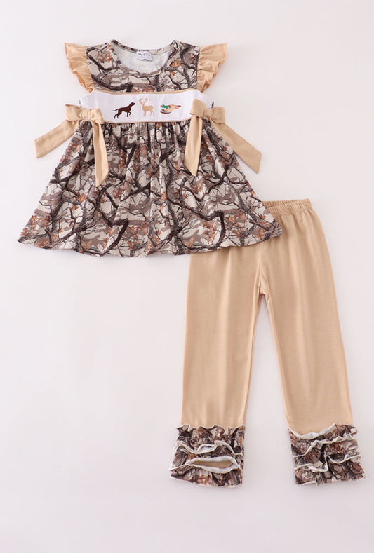 Hunting Dog Deer Duck Embroidery Ruffle Girl’s Pants Set