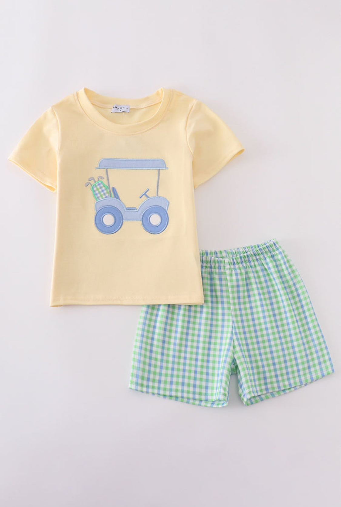 Yellow Golf Cart Appliqué Gingham Boy’s Shorts Set