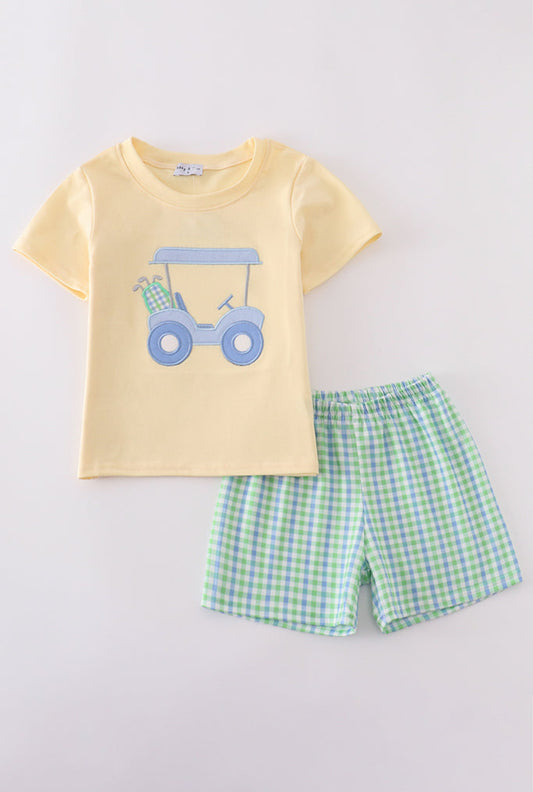 Yellow Golf Cart Appliqué Gingham Boy’s Shorts Set